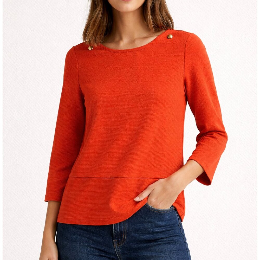 ZARA Knit Vibrant Coral Orange-Red Structured Ribbed Top with Gold Buttons M
